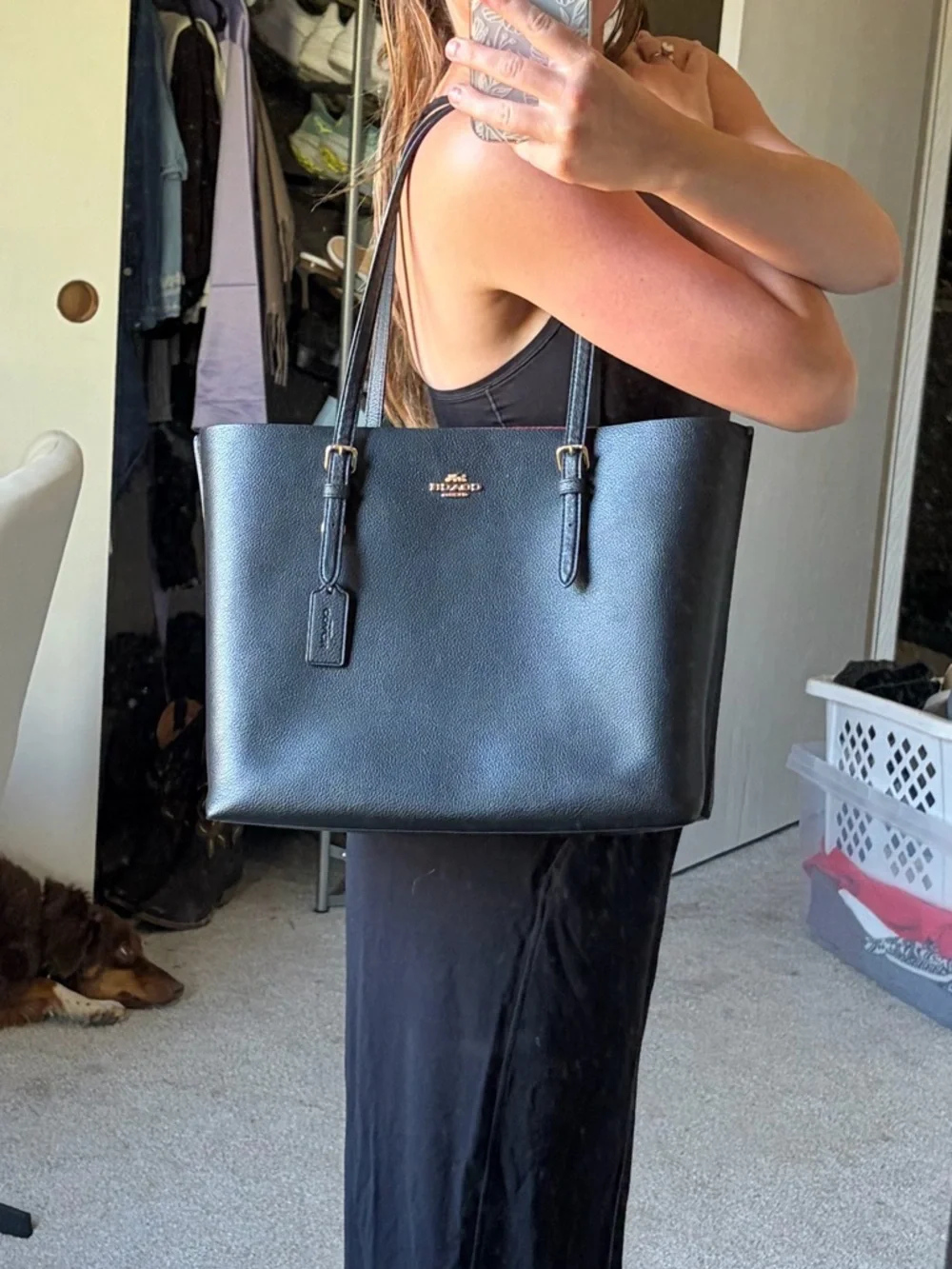 Coach Black Leather Tote with Red Interior - Picture 4 of 5
